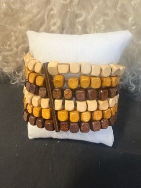 Stacked Wooden Bead Stretch Bracelet - Neutral Tones